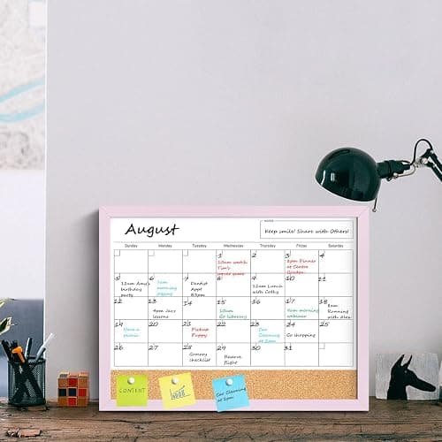 Dry Erase Calendar Cork Board Combo, 17x13 Inches Calendar Whiteboard for Wall, Small Magnetic White Board with Pink Wood Framed, Dry Erase Board for Planner Office Kitchen Home Memo thumbnail 8