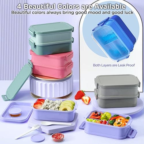 Lunch Box Adults Bento Box - 74 OZ All-in-One Stackable Lunch Box Containers for Adult Large Bento Box with Fork Spoon Sauce Boxes, Leakproof Lunchbox for Work School Dining Out,Macaron-Purple - 4-Macaron Purple thumbnail 5