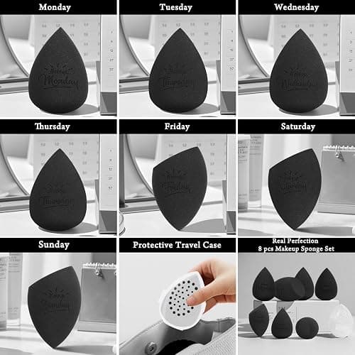 Real Perfection Makeup Sponge Set Blender Sponges, Latex-Free Beauty Makeup Sponges 7 pcs with 1 Travel Container Case for Blending Foundation Liquid Cream and Powder (Black) thumbnail 2