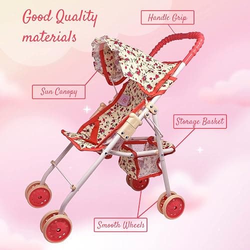 My First Baby Doll Stroller for Toddlers 3 Year Old Girls, Little Kids | Toy Stroller with Bottom Storage Basket, Foldable Frame, Canopy, Seatbelt thumbnail 4