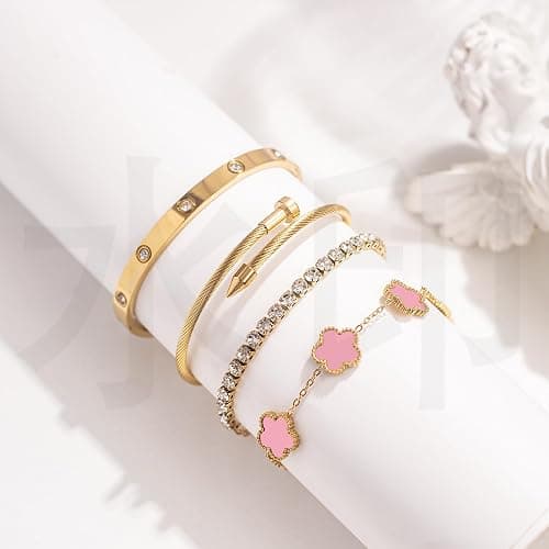 18K Gold Plated Womens Stackable Floral Gold Clover Bracelets Set Love Bangle Bracelets Non Tarnish, Nail Bracelet Set Trendy Jewelry,Gifts for Women's Day and Mother's Day thumbnail 6