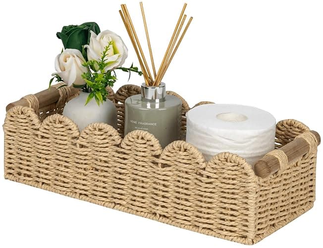 CubesLand Scalloped Edge Toilet Paper Storage Basket, Living Room Home Cozy Decor Basket, Paper Rope Small Baskets for Over Toilet Storage Shelf, End Table, Shelves, with 2 Wooden Handles, Beige - Image 1