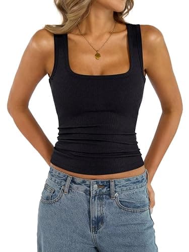EasyGala Womens Cotton Square Neck Ribbed Tank Tops Fitted Thin Shoulder Strap Sleeveless Basic Summer Cami Clothes 2026 thumbnail 3