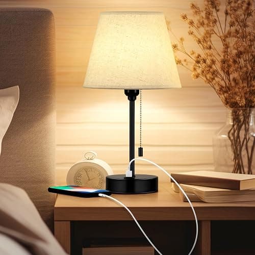 Bedside Table Lamps Set of 2 Small Nightstand Lamps with Dual USB Charging Ports Modern Desk Lamps with Fabric Lampshade for Bedroom, Living Room, Office thumbnail 6