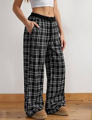 SEAUR Womens Plaid Pants Checkered Gingham Cute Slacks Pajamas Pjs Pattern Bottoms Wide Leg High Waist Sweatpants thumbnail 3