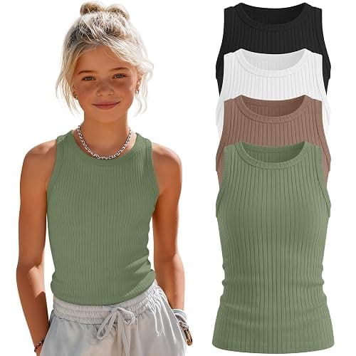 Mumucove 4 Pack Girls' Ribbed Tank Tops Crew Neck Fitted Sleeveless Undershirts Kids Casual Basic Camisole 5-14 Years - Image 1
