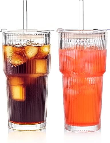 ALINK 2 Pack 20 oz Ribbed Glass Tumblers with Lids and Straws Glassware Cups Set, Thickened Glass, Ideal for Iced Coffee, Smoothies, Cocktails,Juices - Image 1