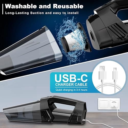 Handheld Vacuum Cordless Car Vacuum Portable with LED Light, High Power Suction, Lightweight Rechargeable Hand Vacuum, Hand Held Vacuum Cleaner for Car Home Office, Pet Hair, Black thumbnail 4