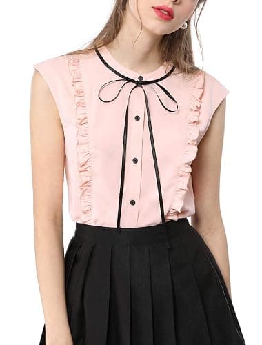 Allegra K Women's Cute Tie Neck Summer Blouse Ruffle Solid Color Sleeveless Button Down Shirt - Image 1