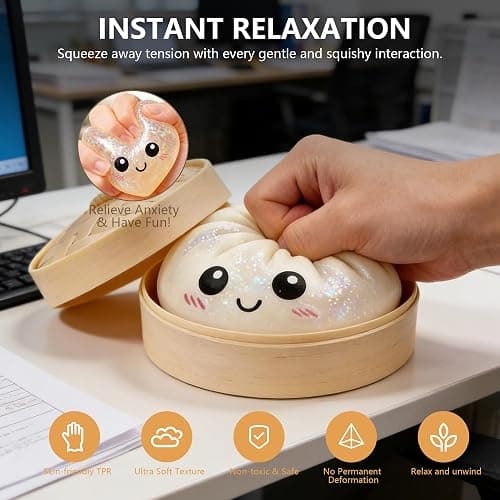 Dumpling Squishies, Glitter Dumpling Mystery Box, Colorful Dumplings Stress Balls Toy, Stocking Stuffers with Food Steamer Stretchy Desk Toys (Glitter Red) thumbnail 4