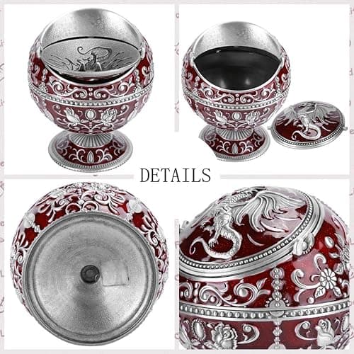 Windproof Ashtray, Vintage Ashtray with Lid, Metal Ball Cigarette Tabletop Ashtray with Wine Red Globe Fly Dragon Shape for Outdoor Indoor Home Decoration Crafts thumbnail 8
