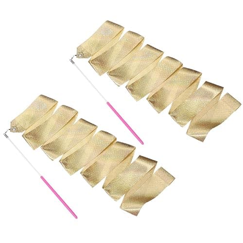 YELARXI 2 Pcs Dance Ribbons, 78.7" Sparkly Gymnastics Ribbon Streamers, Rhythmic Dance Twirling Sticks with Non-Slip Pink Wand -Fitting for (Gymnastics/Talent Shows/Artistic/Party) Gold - Image 1