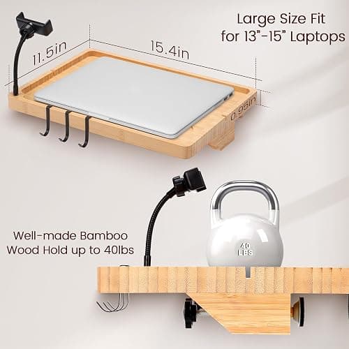 Fivebop Bedside Shelf for Dorm Bed & Top Bunk, Bamboo Bed Side Table Tray with Cup Phone Holder & Hooks, Bedside Caddy, Clip on Nightstand Bedside Storage College Dorm Room Essentials (Bamboo) thumbnail 3