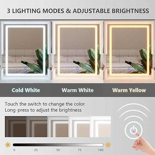 White Makeup Vanity Desk with Mirror and Lights, Large Vanity Table Set with Charging Station, Dressing Table with RGB Cabinets, Makeup Vanity Mirror with Light Desk and Drawers, 3 LED Lights Modes thumbnail 5