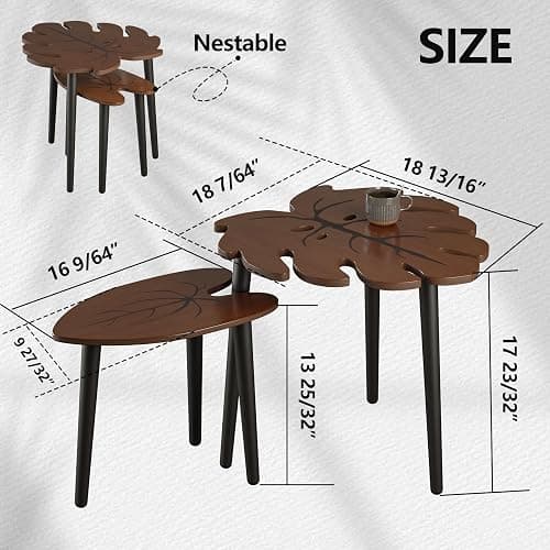BAMEOS Monstera Leaf Nesting Tables Set of 2, Small Coffee Table Set with Leaf Vein Pattern, Modern Wooden Side Tables for Living Room Bedroom Apartment Balcony Yard thumbnail 2