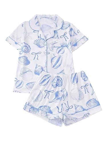 WDIRARA Women's Two Piece Animal Print Short Sleeve Button Shirt and Elastic Waist Shorts Pajama Set - Image 1