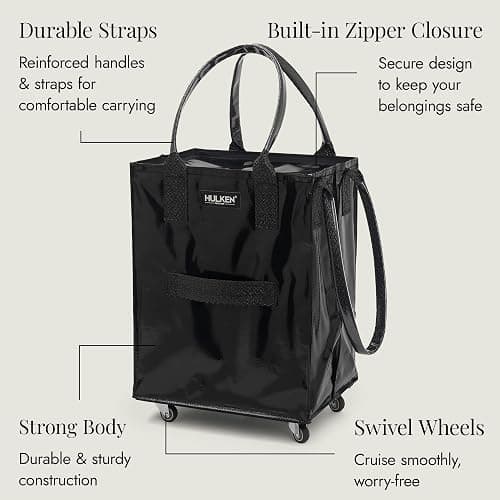 (Medium, Black) Reusable Grocery Bag On Wheels, Shopping Trolley, Rolling Tote, Zipper Closure, Lightweight, Carries Up to 66 lb, Folds Flat, Unbreakable Handles thumbnail 8