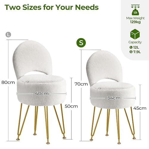 Rolanstar Velvet Vanity Chair with Hidden Storage – Foldable Backrest Converts to Footstool – Comfortable Makeup Stool for Bedroom or Dressing Table (White, Small) thumbnail 2
