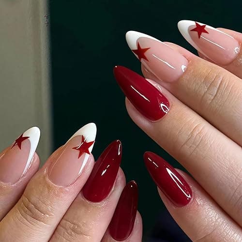 24 Stück Mittel Press on Nails Almond - Rot Finger Nägel - French Nails Press on mit Sternmotiv - Full Cover Künstliche Fingernägel Zum Aufkleben - Falsche Nägel für Frauen & Mädchen (Red Star) - Image 1