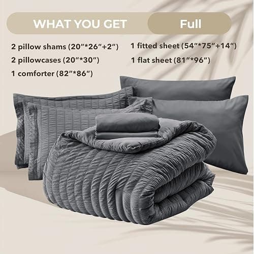 HYMOKEGE Full Size Comforter Sets Seersucker 7 Pieces, All Season Luxury Bed in a Bag for Bedroom, Bedding Set with Comforters, Sheets, Pillowcases & Shams, Dark Grey thumbnail 5