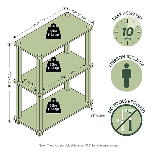 Furinno TURN-S-TUBE Storage Shelves, 3-Tier Book Shelf, Corner Shelf, Toolless Open Shelves, for Organization and Storage, Living Room, Garage, Home Office, Beech thumbnail 2