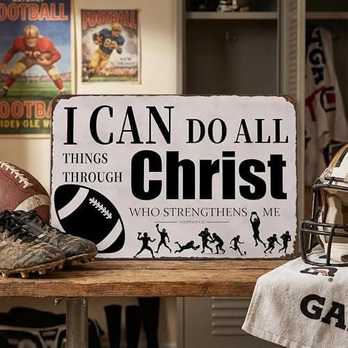 Funnysign Football Gifts I Can Do All Things Through Christ Philippians 4:13 Inspirational Bible Verse Tin Sign for Boys Room Man Cave Bedroom Living Room Decor 8 x 12 Inches (3926) thumbnail 2