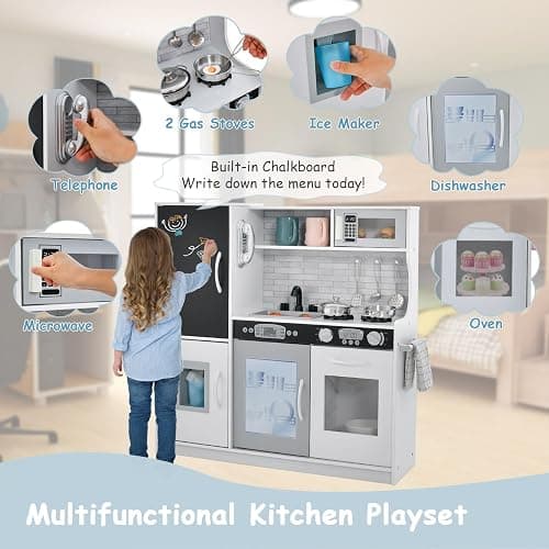 HONEY JOY Kids Kitchen Playset, Wooden Little Chef Pretend Toy Kitchen Set w/Chalkboard, Telephone, Utensils, Oven, Microwave, Sink, Storage, Play Kitchen for Toddlers, Gift for Boys Girls, White thumbnail 5