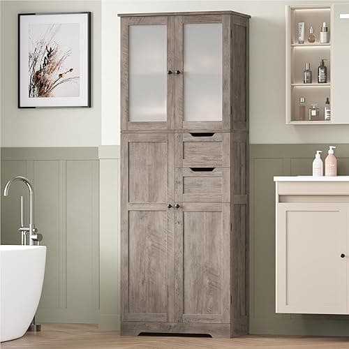 BOTLOG 67'' Tall Bathroom Storage Cabinet, Linen Cabinet with Glass Doors and Adjustable Shelves, Kitchen Pantry with 2 Drawers for Bathroom, Living Room, Dining Room, Rustic Grey