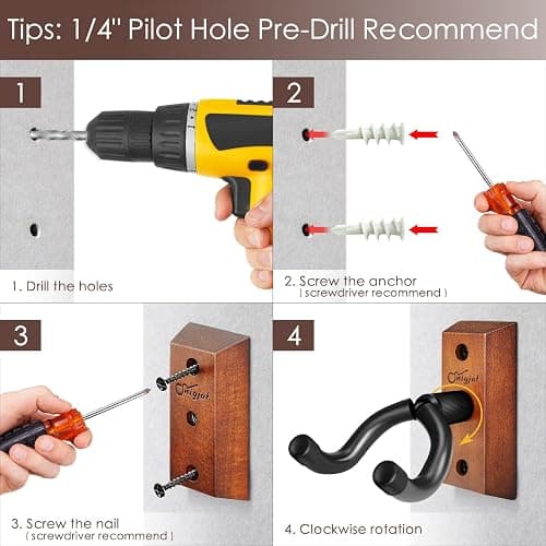 SNIGJAT Guitar Wall Mount 2 Pack, Guitar Hanger Wall Hook Holder Stand with Screws, Hardwood Mount Hanger for Acoustic Bass,Banjo, Mandolin thumbnail 3