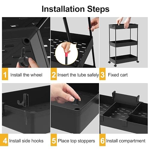 SPACELEAD 3 Tier Rolling Cart with Wheels, Storage Craft Art Trolley Organizer Serving, 3 Hanging Baskets Easy Assembly, for Office, Bathroom，Living Room, Kitchen, Black thumbnail 9