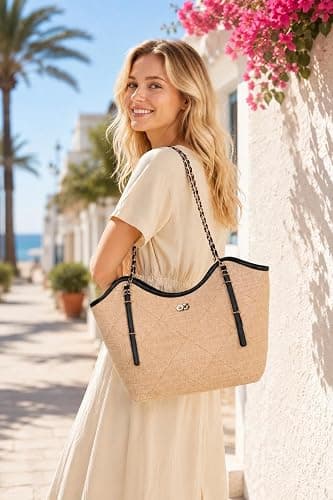Eiyye Woven Tote Bag for Women Raffia-Style Shoulder Purse Summer Bag | Raffia-style woven look large tote matching pouch black trim thumbnail 2
