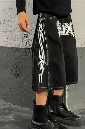 Wide-leg pants，Fashion clothes, Letter Print Baggy Denim Shorts Mens Vintage Zip Up Wide Leg Shorts Fashion Jorts Men Clothing thumbnail 2