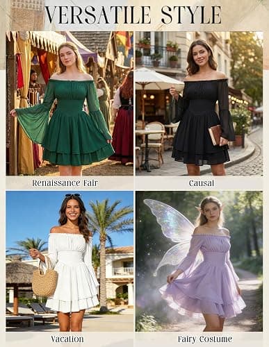 Scarlet Darkness Women Corset Dress Off Shoulder Bell Sleeve Mini Dress | Pockets, Layered Hem, Comfotable Chiffon, for Fairy Goth Ren Fair Vacation thumbnail 6