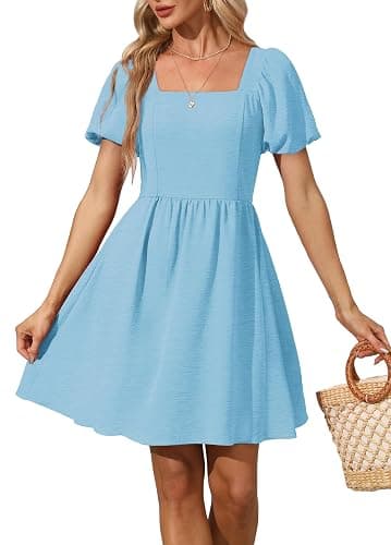 OFEEFAN Women Puff Sleeve Square Neck Tie in Back Dresses with Zipper - Image 1