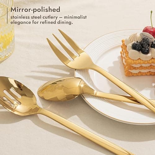 KINGSTONE Large Hostess Gold Serving Utensils Set, 18/10 Stainless Steel -10 inch Serving Spoons, Slotted Spoons, Forks, Tongs, Cake Pie Server, Butter Knife, Sugar spoon for Buffet, Wedding, Party thumbnail 6
