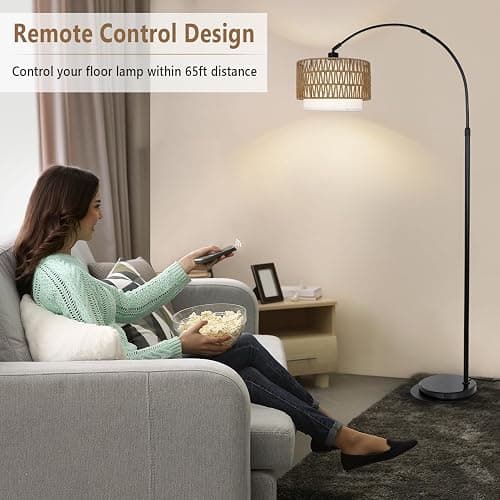 eyassi Arc Floor Lamp with Remote, Modern LED Floor Lamp with Dimmable Bulb, Boho Farmhouse Standing lamp with Fabric & Rattan Lampshades, Height Adjustable Black Tall Lamp for Living Room Bedroom thumbnail 6