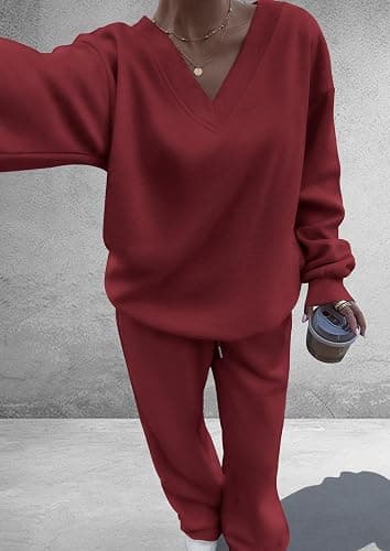 PRETTYGARDEN Casual Winter Two Piece Sets for Women 2025 V Neck Sweatshirt Loose Wide Leg Pants Tracksuit Knit Fall Outfits thumbnail 4