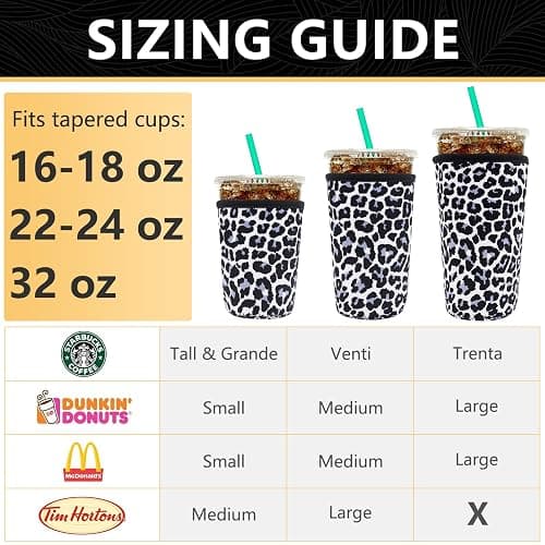 YR Reusable Neoprene Insulator Sleeve for Iced Coffee Cups, 3 Pack Coffee Coolies sleeves for Iced & Hot Drinks, Cold Beverage Cooler Compatible with Starbucks Coffee and More (Snow Leopard) thumbnail 3