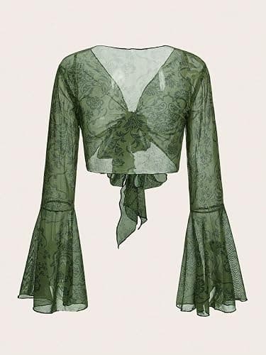 SOLY HUX Womens Fairy Bell Sleeve Top Floral Lace Tie Front Crop Cardigan Y2k thumbnail 2