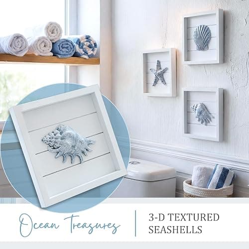 TideAndTales Blue Seashells and Starfish (Framed Set of 3) Coastal 3D Wall Art, Beach Wall Decor for Bathroom or Coastal Bedroom, Ocean Inspired Seaside Decorations for Home or Beach House (7"x7") thumbnail 4