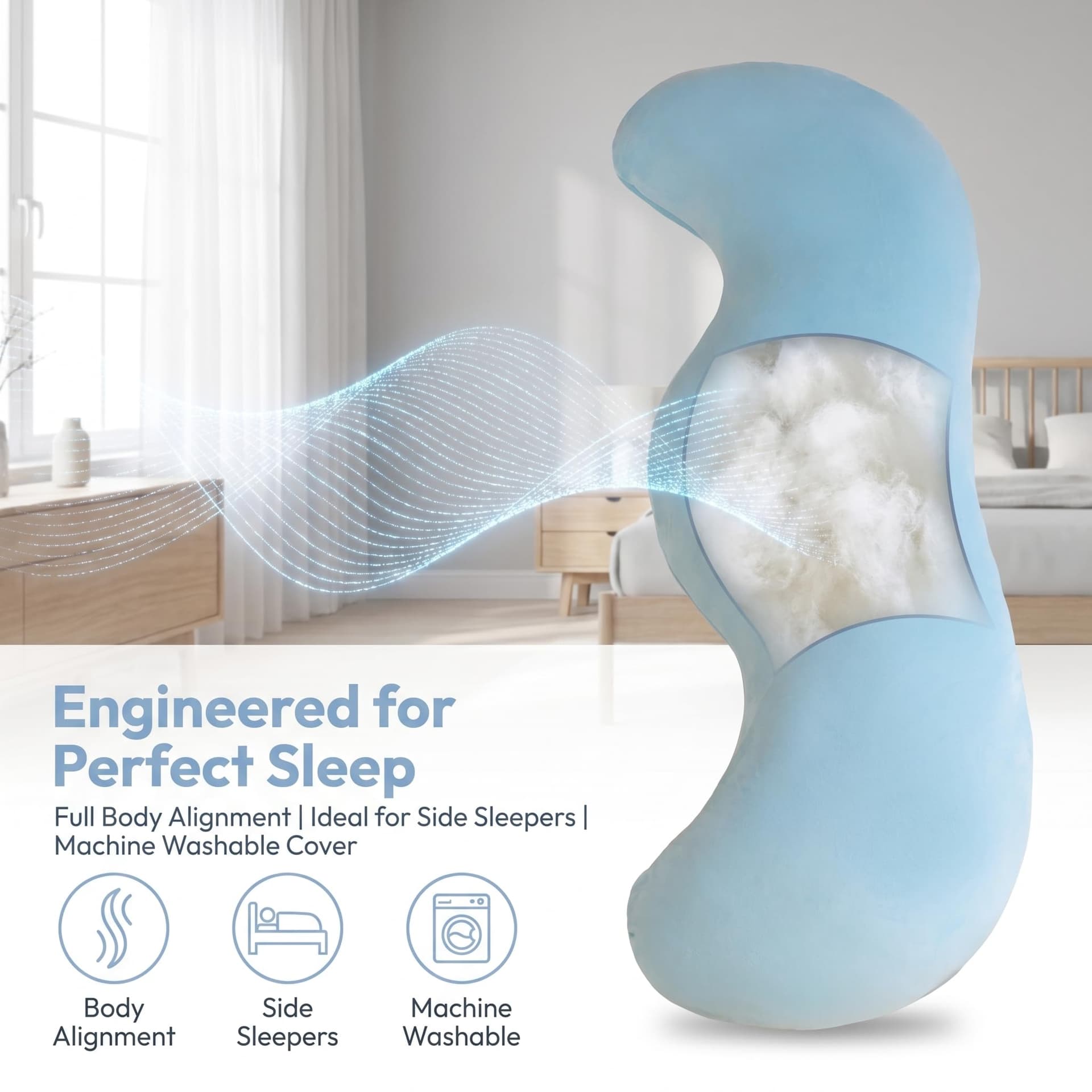 Snuggi Body Align Pillow, 105 × 30 Cm, Side Sleeper Body Pillow (Green) | Pea Pod Body Pillow for Adults, Ergonomic, Washable Cover, Cooling, Full Body Support Pillow thumbnail 3