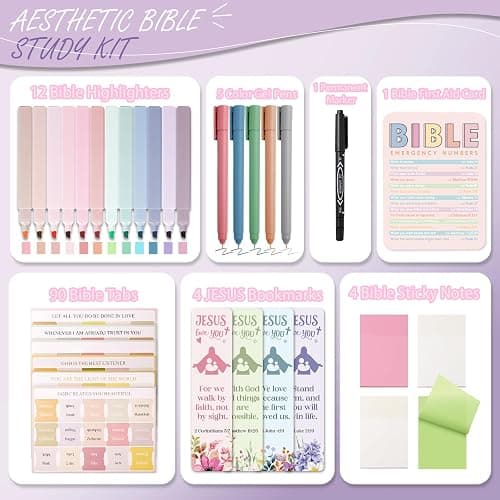 XKDOUS Bible Study Supplies Journaling Kit, Morandi Colored Bible Study Kit Journaling Supplies with 12 Pastel Highlighter and 90 Index Tabs Set, 5 Smooth Pens and More, Christian Gifts for Women thumbnail 6