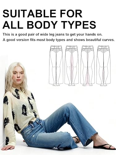 ONESO Mid-Low Rise Baggy Jeans Wide Leg for Women Distressed Pants Stretchy Bottom Lady Basic Comfortable Denim thumbnail 6