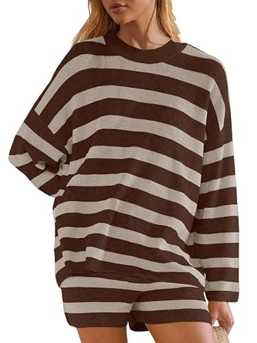 Panadila Womens Striped Sweater Set Oversized Lounge Sets Matching Pajamas Long Sleeve Sweater Top and Shorts thumbnail 2