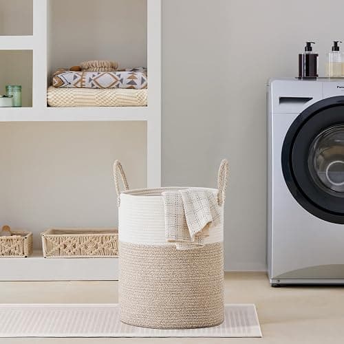 VIPOSCO Large Laundry Hamper, Tall Woven Rope Storage Basket for Blanket, Toys, Dirty Clothes in Living Room, Bathroom, Bedroom - 53L White & Brown thumbnail 7