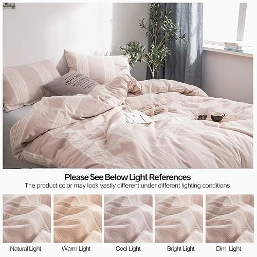 BISELINA Striped Duvet Cover Set 3pcs 100% Washed Cotton Linen Like Textured with Bowknot Bow Ties Strap Reversible Breathable Soft Comfy Chic Yarn Dyed Bedding (King, Cream Tan) thumbnail 6