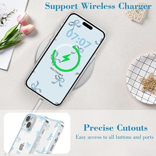 EYZUTAK Case for iPhone 15, Clear Cute Ribbon Bowknot Aesthetic Phone Case with Charm Bracelet Chain Raised Camera Protection Stylish Soft Durable TPU Protective Cover for Women Girls - Blue thumbnail 9