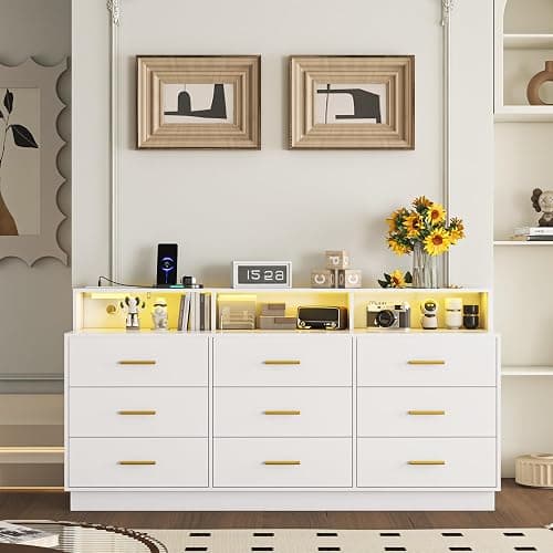 knoworld White 9 Drawer Dressers for Bedroom, Modern Large Dresser with LED Light and Power Outlet, Wooden Long Dresser, Triple Dressers for Bedroom, Living Room, Entryway, Hallway thumbnail 9
