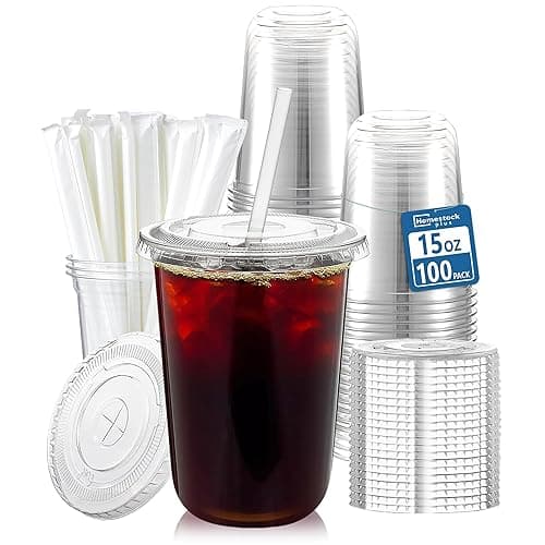 Homestockplus 15 oz Clear PET Plastic Cups with Lids and Straws - 100 Pack Leak-Proof Disposable Plastic Coffee Cups Iced Coffee Cups for Smoothies, Bubble Tea & To-Go Cold Drinks - Image 1