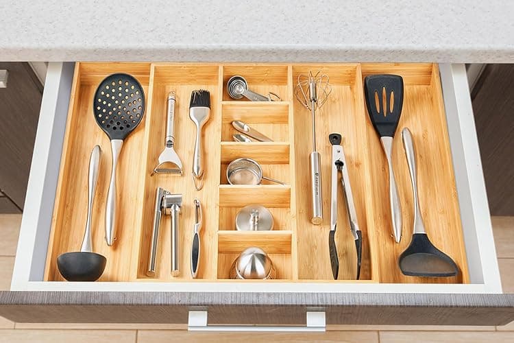 Umilife Extra Large Expandable Kitchen Drawer Organizer for Utensil and Junk, 19" Deep for Big Drawer, 17" to 28" Adjustable Bamboo Wood Drawer Divider, Cutlery Tray, Flatware Holder thumbnail 6